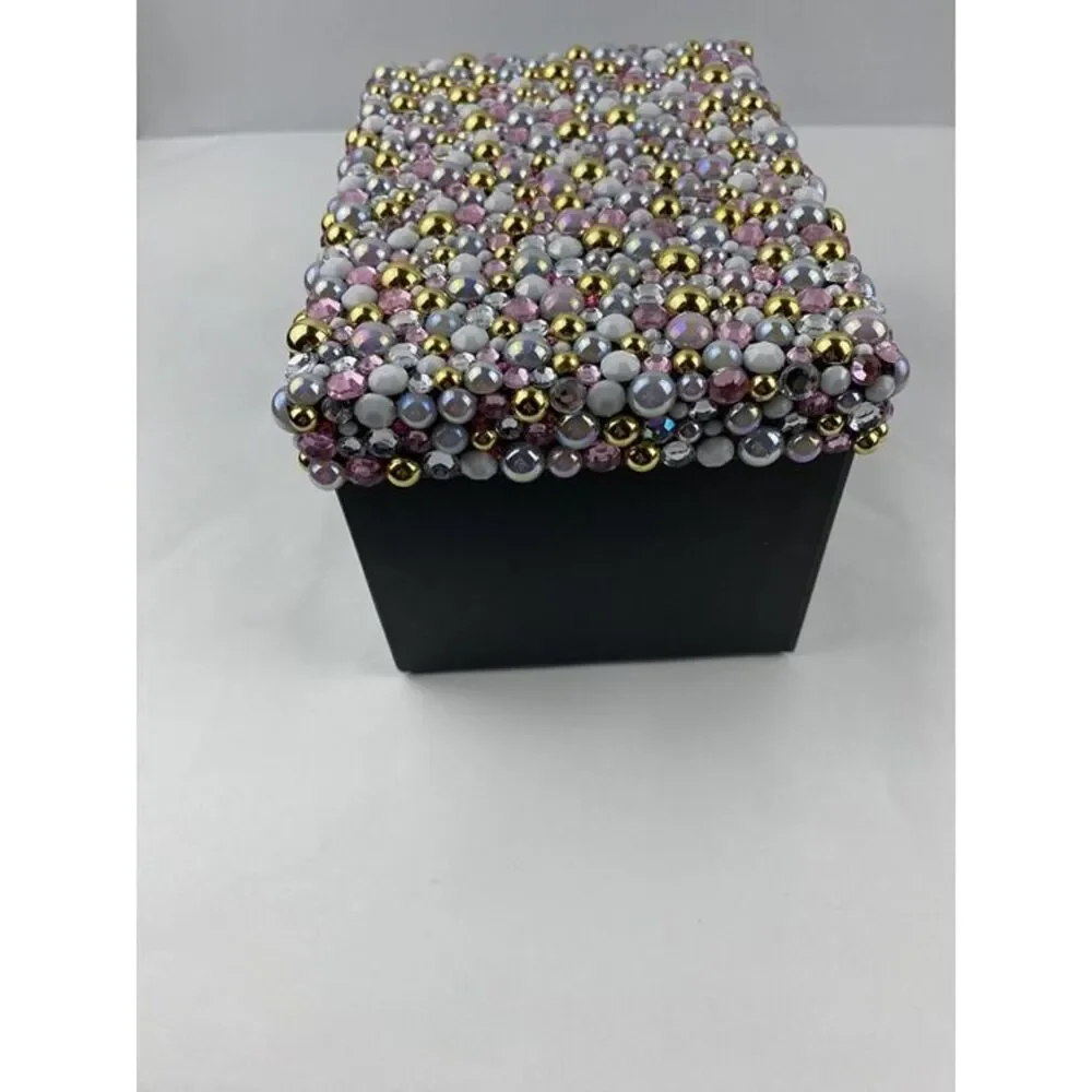 Handmade Keepsake Trinket Box Beaded Rhinestones Embellished & Lid